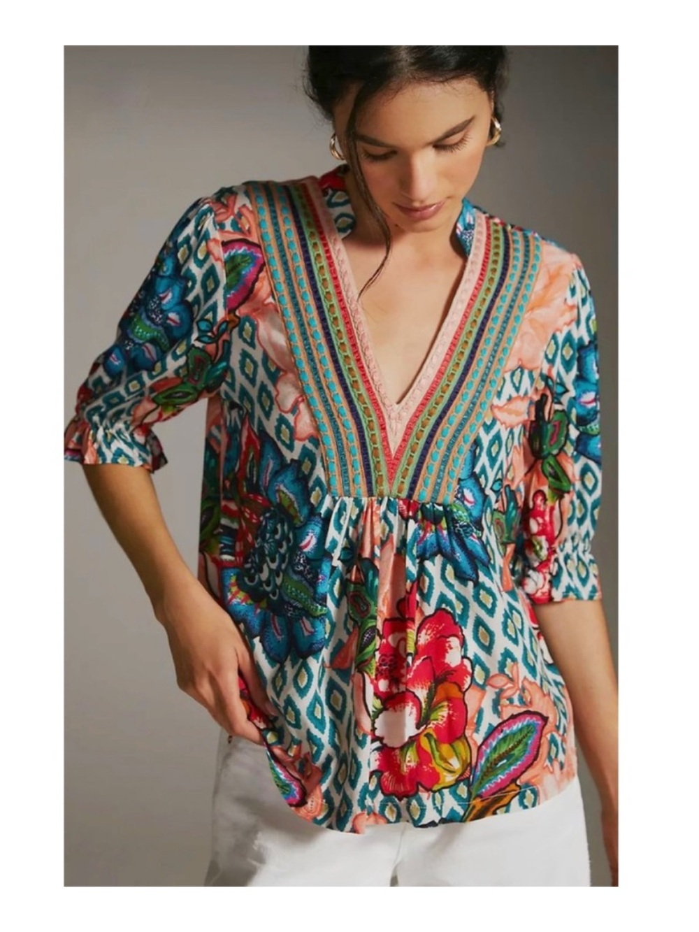 Bl-nk London Anthropologie | Stephanie Floral V Neck 3/4 Sleeve Blouse | Size M